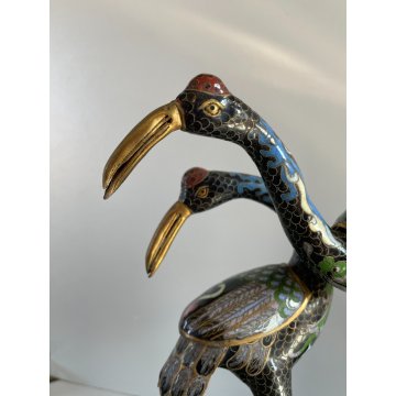 ANTICA COPPIA DI GRU CLOISONNE ANNI 70 CINESI SMALTATE FIGURA SCULTURA
