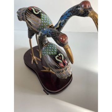 ANTICA COPPIA DI GRU CLOISONNE ANNI 70 CINESI SMALTATE FIGURA SCULTURA