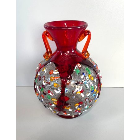 VASO VETRO SOFFIATO MURANO MURRINA SINFONIA IMPERIO ROSSI MILLEFIORI ANFORA 1990