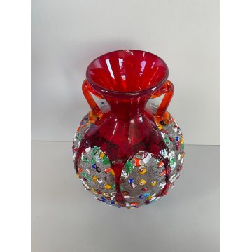 VASO VETRO SOFFIATO MURANO MURRINA SINFONIA IMPERIO ROSSI MILLEFIORI ANFORA 1990