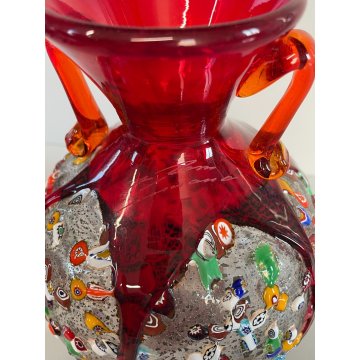 VASO VETRO SOFFIATO MURANO MURRINA SINFONIA IMPERIO ROSSI MILLEFIORI ANFORA 1990