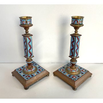 ANTICA COPPIA DI CANDELIERI CLOISONNE EPOCA '900 BRONZO SMALTO CANDELABRI FRANCE