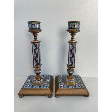 ANTICA COPPIA DI CANDELIERI CLOISONNE EPOCA '900 BRONZO SMALTO CANDELABRI FRANCE