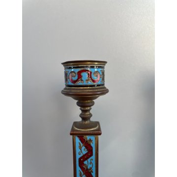 ANTICA COPPIA DI CANDELIERI CLOISONNE EPOCA '900 BRONZO SMALTO CANDELABRI FRANCE