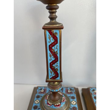 ANTICA COPPIA DI CANDELIERI CLOISONNE EPOCA '900 BRONZO SMALTO CANDELABRI FRANCE