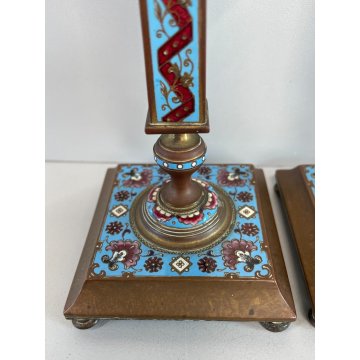 ANTICA COPPIA DI CANDELIERI CLOISONNE EPOCA '900 BRONZO SMALTO CANDELABRI FRANCE