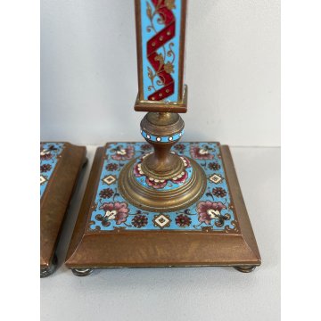 ANTICA COPPIA DI CANDELIERI CLOISONNE EPOCA '900 BRONZO SMALTO CANDELABRI FRANCE