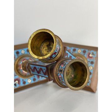 ANTICA COPPIA DI CANDELIERI CLOISONNE EPOCA '900 BRONZO SMALTO CANDELABRI FRANCE
