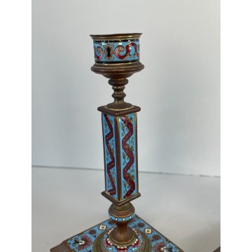 ANTICA COPPIA DI CANDELIERI CLOISONNE EPOCA '900 BRONZO SMALTO CANDELABRI FRANCE