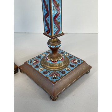 ANTICA COPPIA DI CANDELIERI CLOISONNE EPOCA '900 BRONZO SMALTO CANDELABRI FRANCE