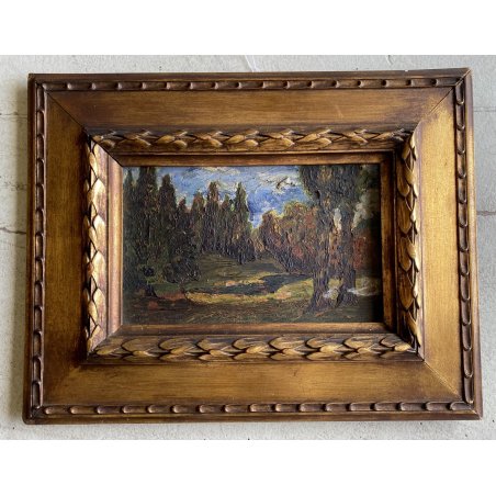 ANTICO QUADRO DIPINTO OLIO TAVOLA PAESAGGIO BOSCHIVO SELVA ALBERI '800/'900