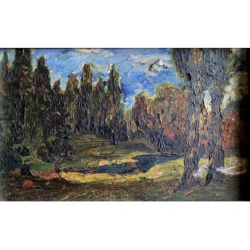 ANTICO QUADRO DIPINTO OLIO TAVOLA PAESAGGIO BOSCHIVO SELVA ALBERI '800/'900