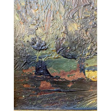 ANTICO QUADRO DIPINTO OLIO TAVOLA PAESAGGIO BOSCHIVO SELVA ALBERI '800/'900