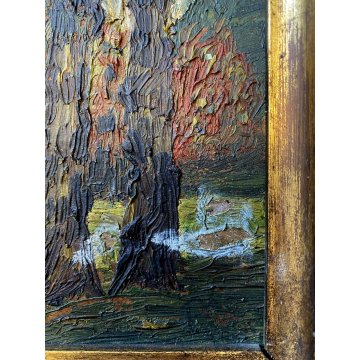 ANTICO QUADRO DIPINTO OLIO TAVOLA PAESAGGIO BOSCHIVO SELVA ALBERI '800/'900