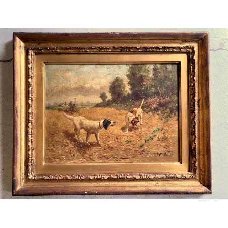QUADRO DIPINTO SCENA CACCIA con DUE CANI PAESAGGIO CAMPI di GRANO SELVA '900
