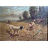 QUADRO DIPINTO SCENA CACCIA con DUE CANI PAESAGGIO CAMPI di GRANO SELVA '900