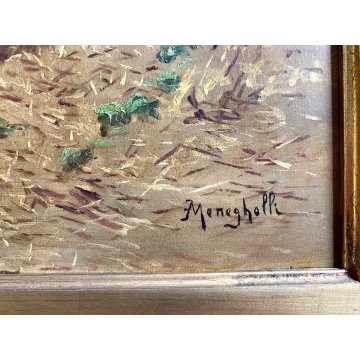 QUADRO DIPINTO SCENA CACCIA con DUE CANI PAESAGGIO CAMPI di GRANO SELVA '900
