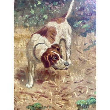 QUADRO DIPINTO SCENA CACCIA con DUE CANI PAESAGGIO CAMPI di GRANO SELVA '900