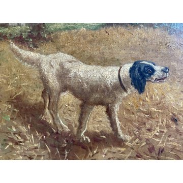 QUADRO DIPINTO SCENA CACCIA con DUE CANI PAESAGGIO CAMPI di GRANO SELVA '900
