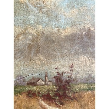 QUADRO DIPINTO SCENA CACCIA con DUE CANI PAESAGGIO CAMPI di GRANO SELVA '900