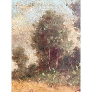 QUADRO DIPINTO SCENA CACCIA con DUE CANI PAESAGGIO CAMPI di GRANO SELVA '900