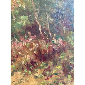 QUADRO DIPINTO SCENA CACCIA con DUE CANI PAESAGGIO CAMPI di GRANO SELVA '900