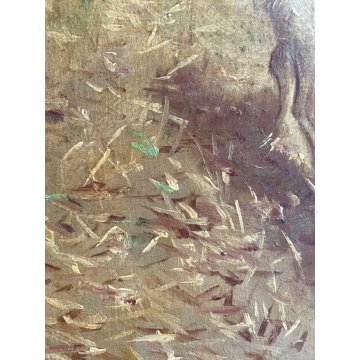 QUADRO DIPINTO SCENA CACCIA con DUE CANI PAESAGGIO CAMPI di GRANO SELVA '900