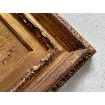 QUADRO DIPINTO SCENA CACCIA con DUE CANI PAESAGGIO CAMPI di GRANO SELVA '900
