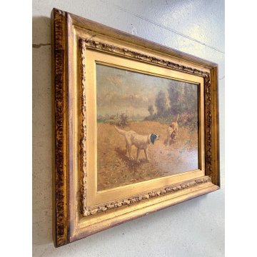 QUADRO DIPINTO SCENA CACCIA con DUE CANI PAESAGGIO CAMPI di GRANO SELVA '900