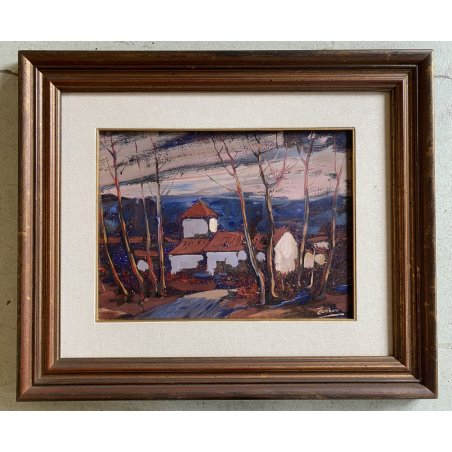 QUADRO DIPINTO OLIO Ermanno Zamboni PAESAGGIO RURALE CREPUSCOLO BORGO Sesia '70