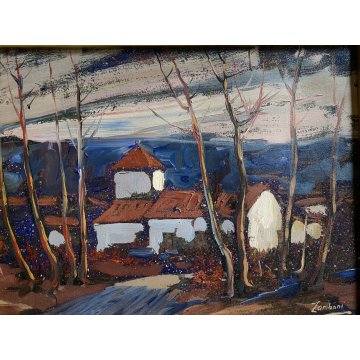 QUADRO DIPINTO OLIO Ermanno Zamboni PAESAGGIO RURALE CREPUSCOLO BORGO Sesia '70