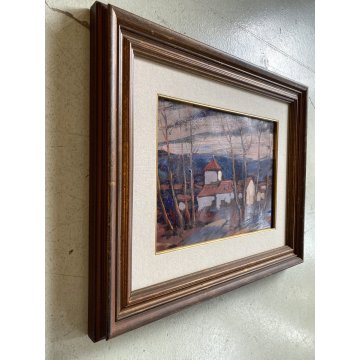 QUADRO DIPINTO OLIO Ermanno Zamboni PAESAGGIO RURALE CREPUSCOLO BORGO Sesia '70