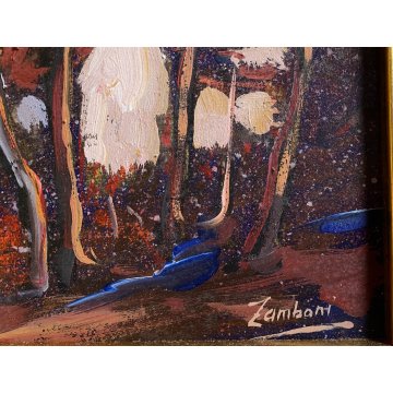 QUADRO DIPINTO OLIO Ermanno Zamboni PAESAGGIO RURALE CREPUSCOLO BORGO Sesia '70