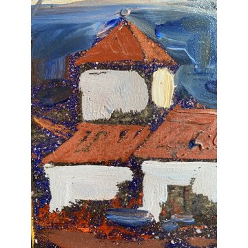 QUADRO DIPINTO OLIO Ermanno Zamboni PAESAGGIO RURALE CREPUSCOLO BORGO Sesia '70