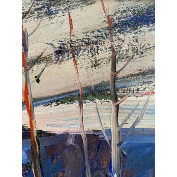 QUADRO DIPINTO OLIO Ermanno Zamboni PAESAGGIO RURALE CREPUSCOLO BORGO Sesia '70