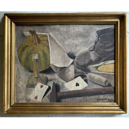 ANTICO QUADRO OLIO Ugo Celada da Virgilio NATURA MORTA CARTE SCARPONE ZUCCA 1939