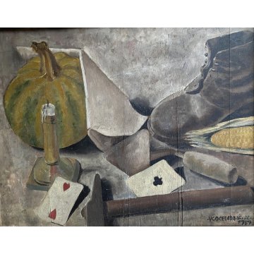 ANTICO QUADRO OLIO Ugo Celada da Virgilio NATURA MORTA CARTE SCARPONE ZUCCA 1939