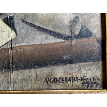 ANTICO QUADRO OLIO Ugo Celada da Virgilio NATURA MORTA CARTE SCARPONE ZUCCA 1939
