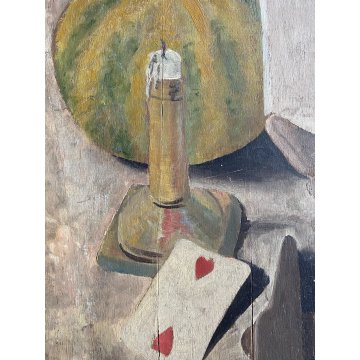 ANTICO QUADRO OLIO Ugo Celada da Virgilio NATURA MORTA CARTE SCARPONE ZUCCA 1939