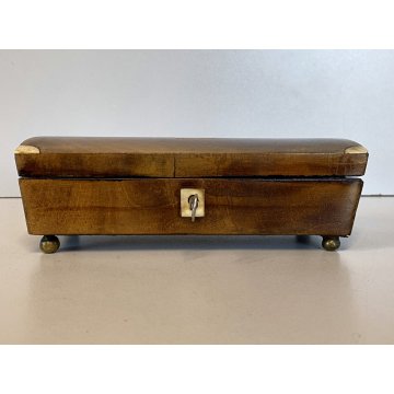 ANTICO COFANETTO LEGNO INTARSIATO SERRATURA CHIAVE PIEDINI OTTONE ART DECO