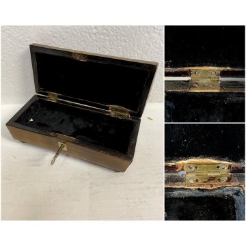 ANTICO COFANETTO LEGNO INTARSIATO SERRATURA CHIAVE PIEDINI OTTONE ART DECO