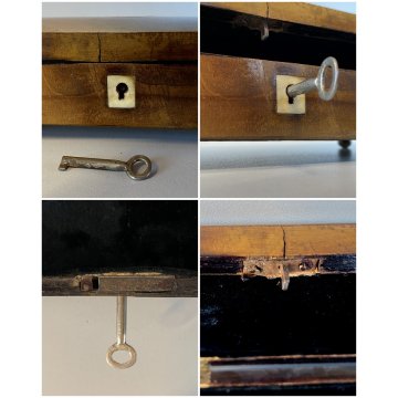 ANTICO COFANETTO LEGNO INTARSIATO SERRATURA CHIAVE PIEDINI OTTONE ART DECO