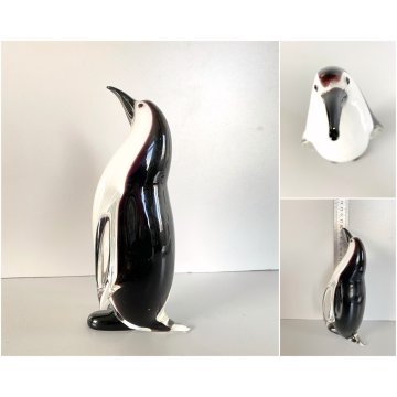 SCULTURA PINGUINO VETRO Murano SOMMERSO BIANCO NERO TRANSPARENTE VINTAGE '70