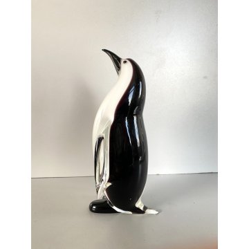 SCULTURA PINGUINO VETRO Murano SOMMERSO BIANCO NERO TRANSPARENTE VINTAGE '70