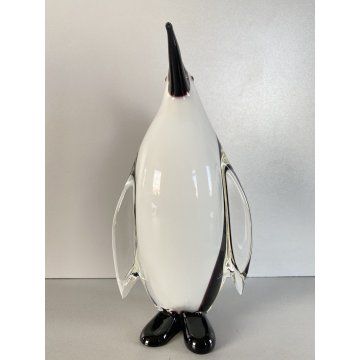 SCULTURA PINGUINO VETRO Murano SOMMERSO BIANCO NERO TRANSPARENTE VINTAGE '70