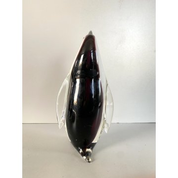 SCULTURA PINGUINO VETRO Murano SOMMERSO BIANCO NERO TRANSPARENTE VINTAGE '70