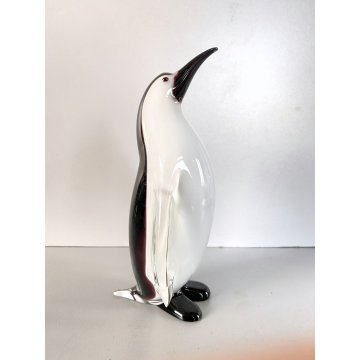 SCULTURA PINGUINO VETRO Murano SOMMERSO BIANCO NERO TRANSPARENTE VINTAGE '70