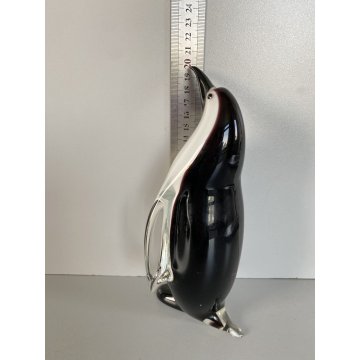 SCULTURA PINGUINO VETRO Murano SOMMERSO BIANCO NERO TRANSPARENTE VINTAGE '70