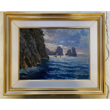 QUADRO DIPINTO OLIO O. Jong FARAGLIONI Capri PAESAGGIO MARINO BARCHE a VELA '900