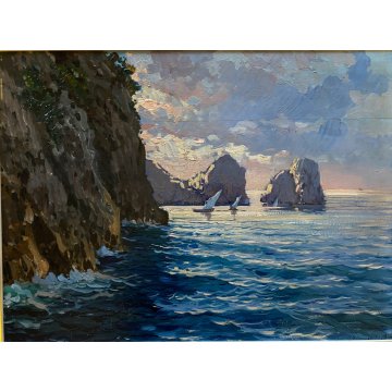 QUADRO DIPINTO OLIO O. Jong FARAGLIONI Capri PAESAGGIO MARINO BARCHE a VELA '900